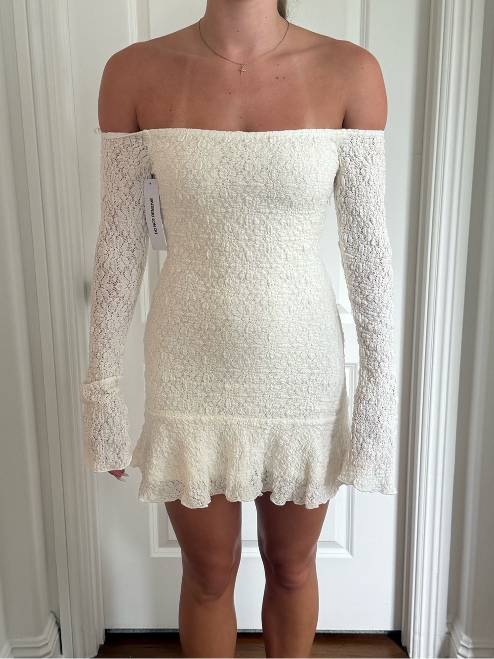 Princess Polly Off-Shoulder Cream Lace Mini Dress with Ruffle Hem
